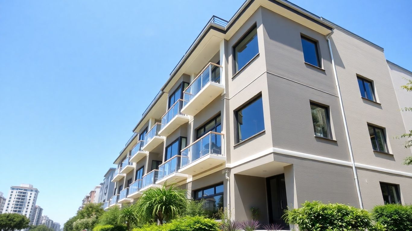 Edificio residencial moderno con jardín y cielo azul