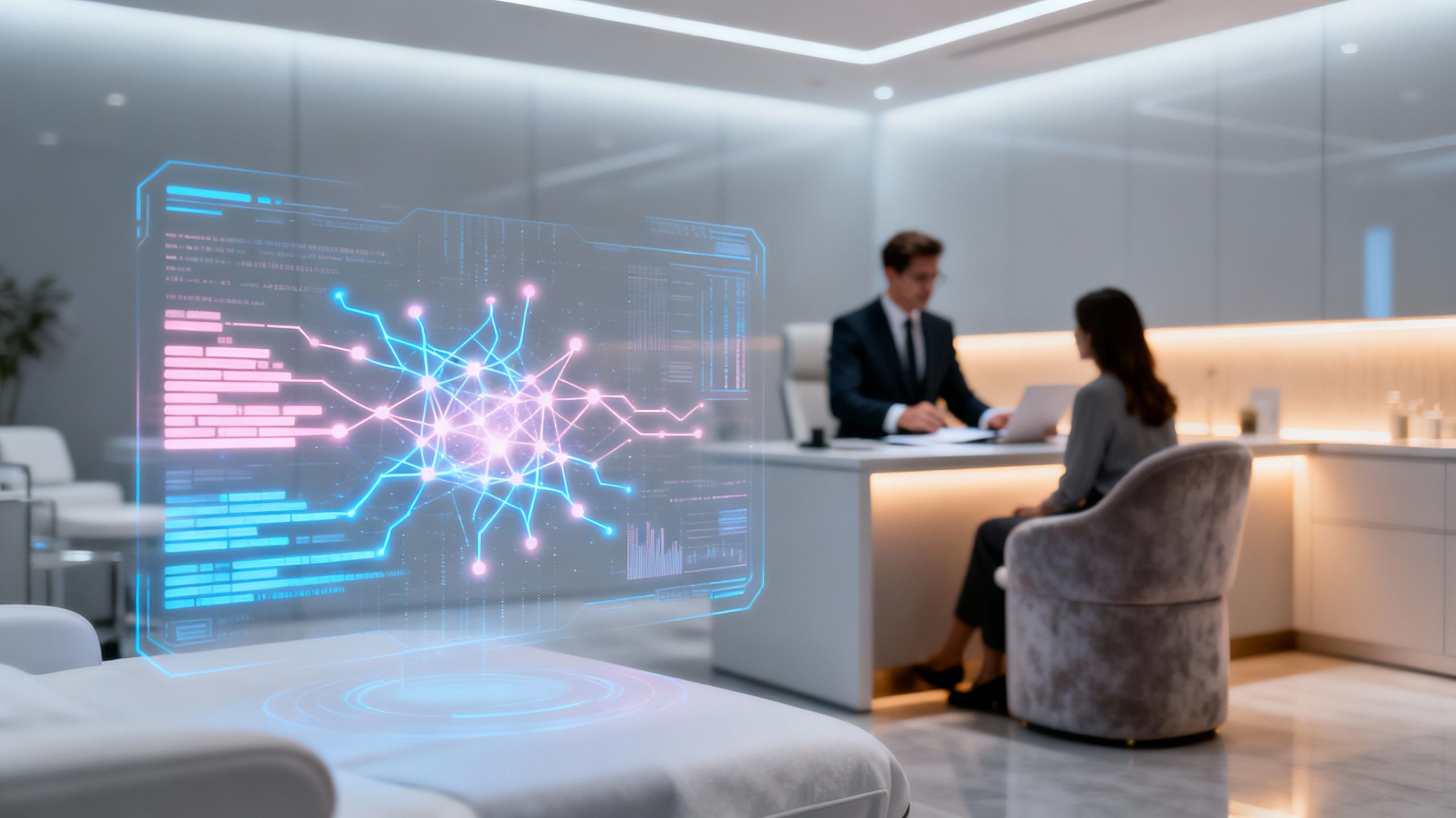 AI interface overlaying a modern medspa, symbolizing advanced marketing.