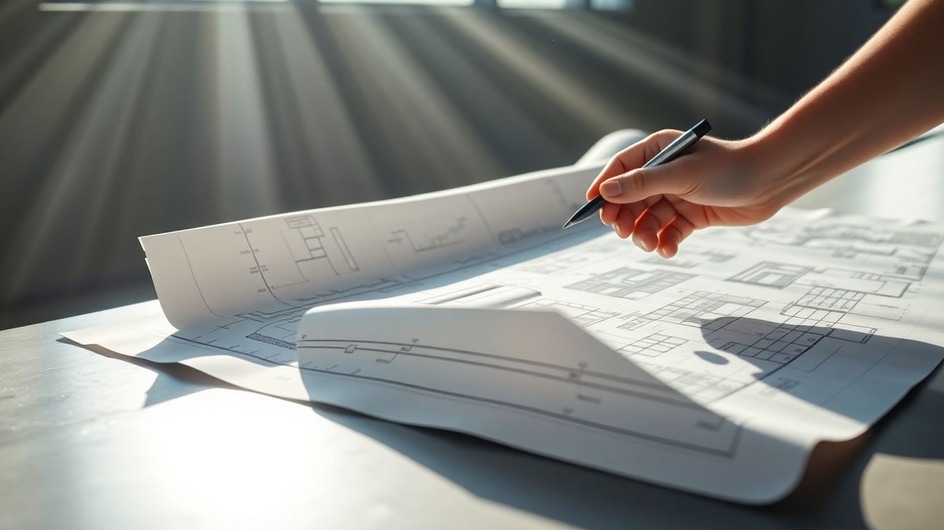 Architectural blueprint on desk with stylus