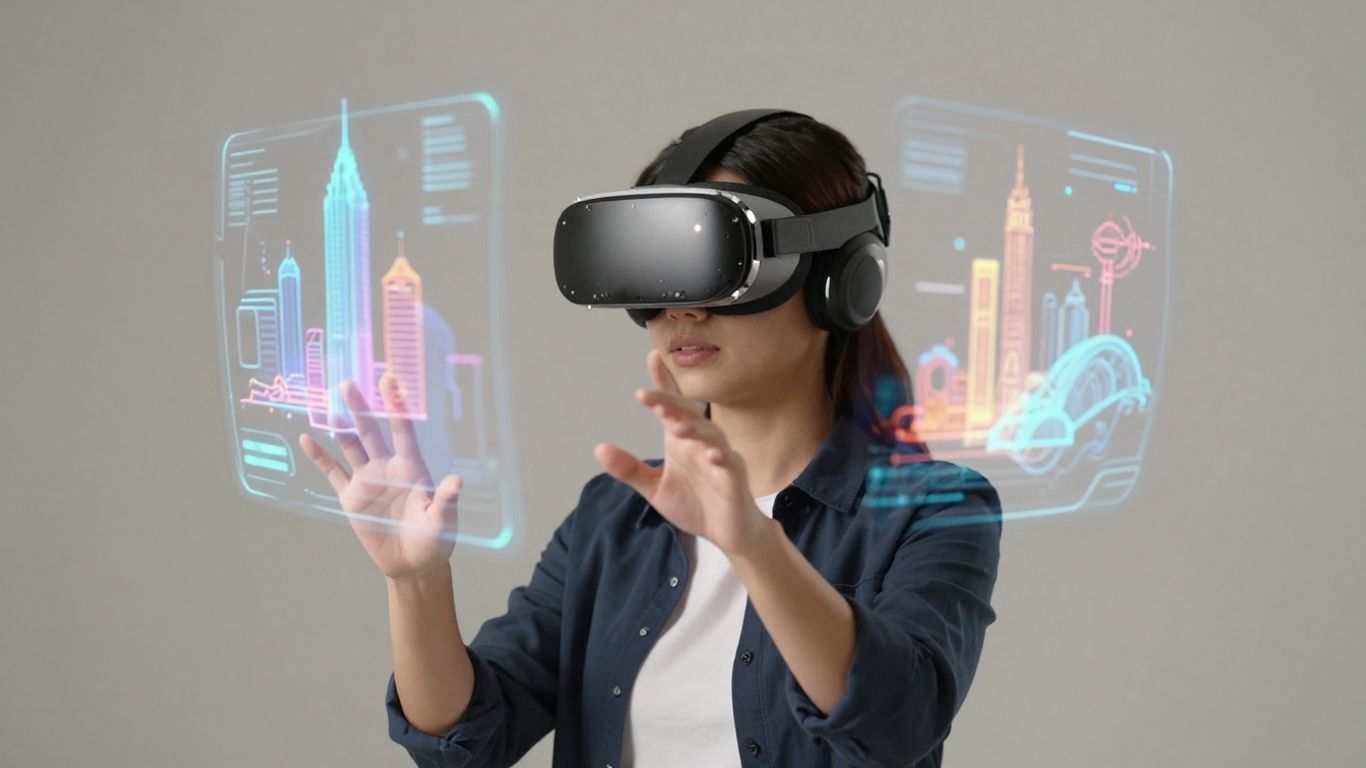 Person using AR headset with holographic projections.