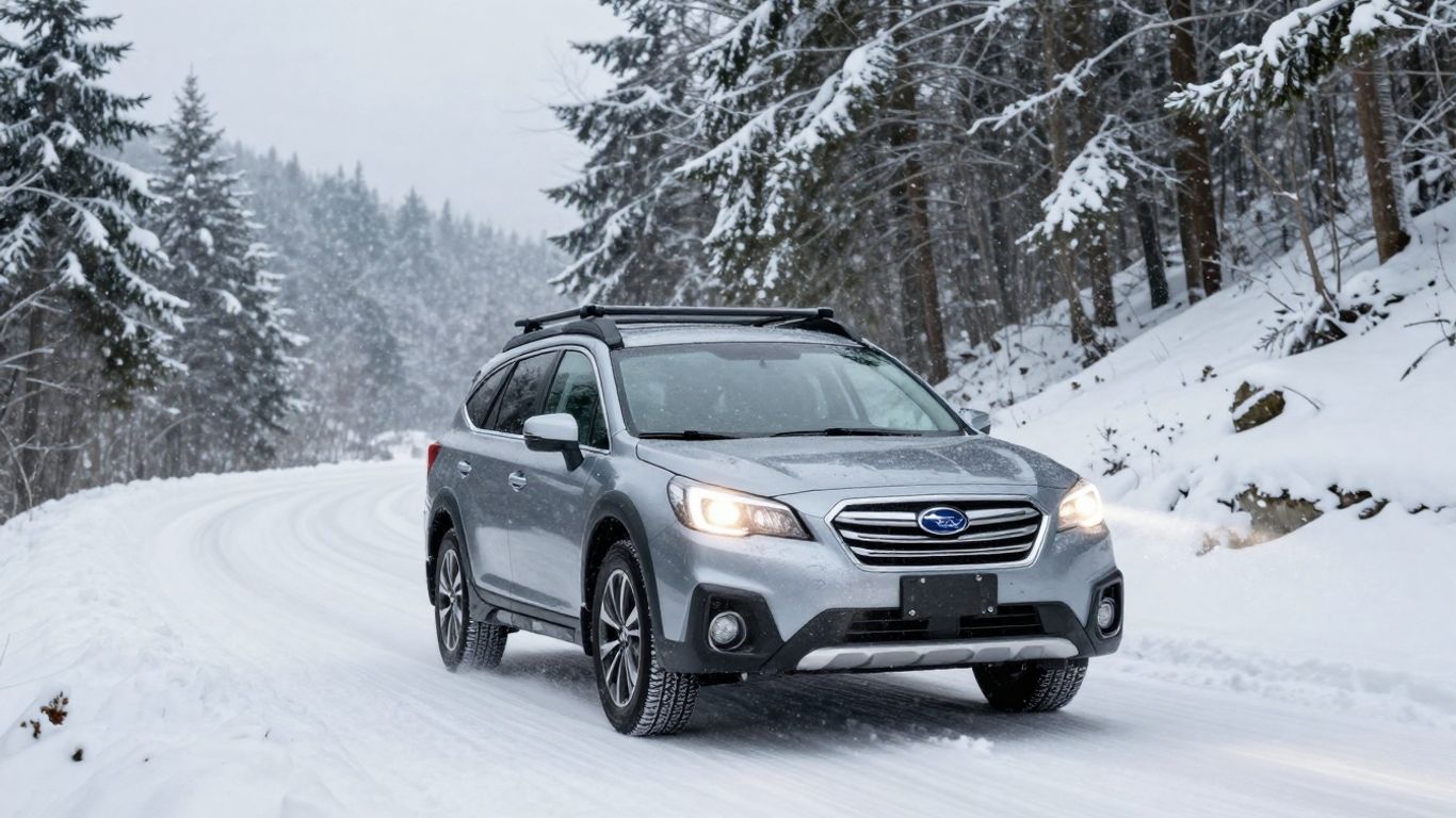 Subaru driving on a snowy mountain road in winter.