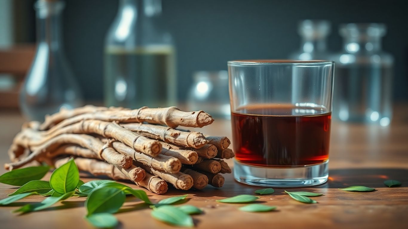 Tongkat Ali roots with herbal extract and green leaves