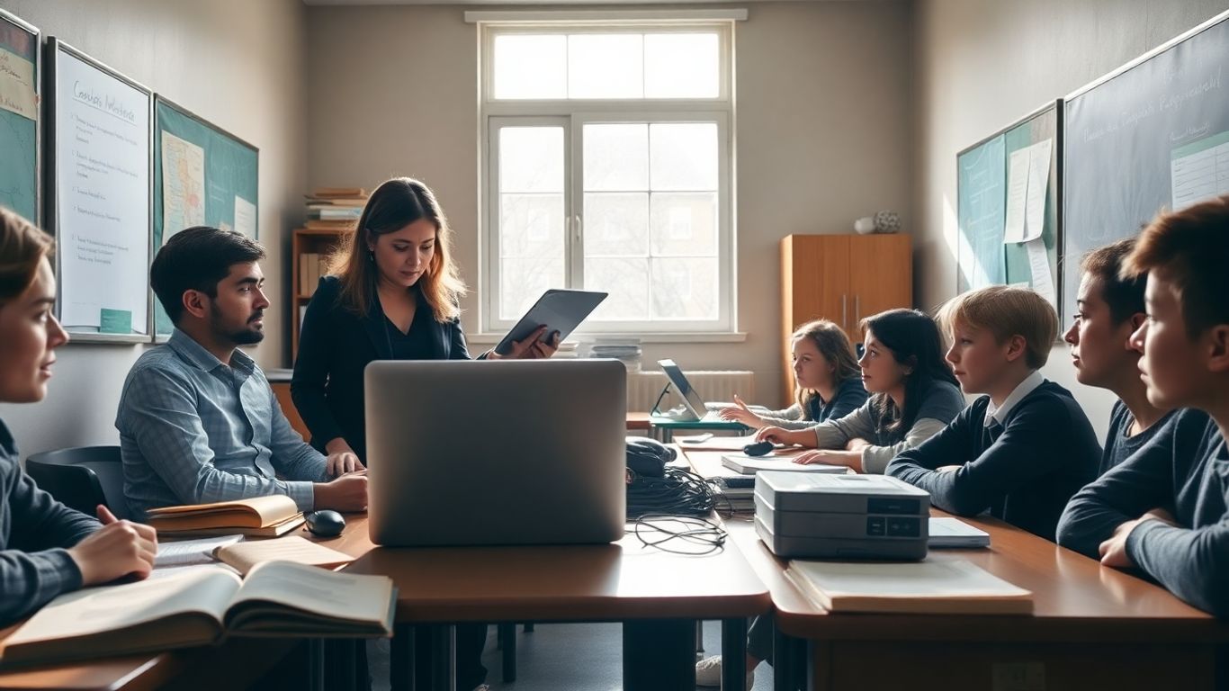 Profesor frustrat cu tehnologie învechită în clasă.