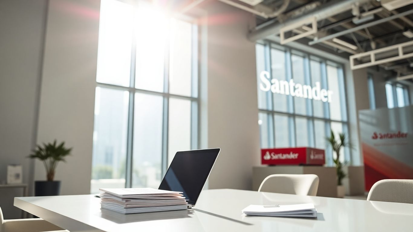Escritório moderno do Santander com luz natural.