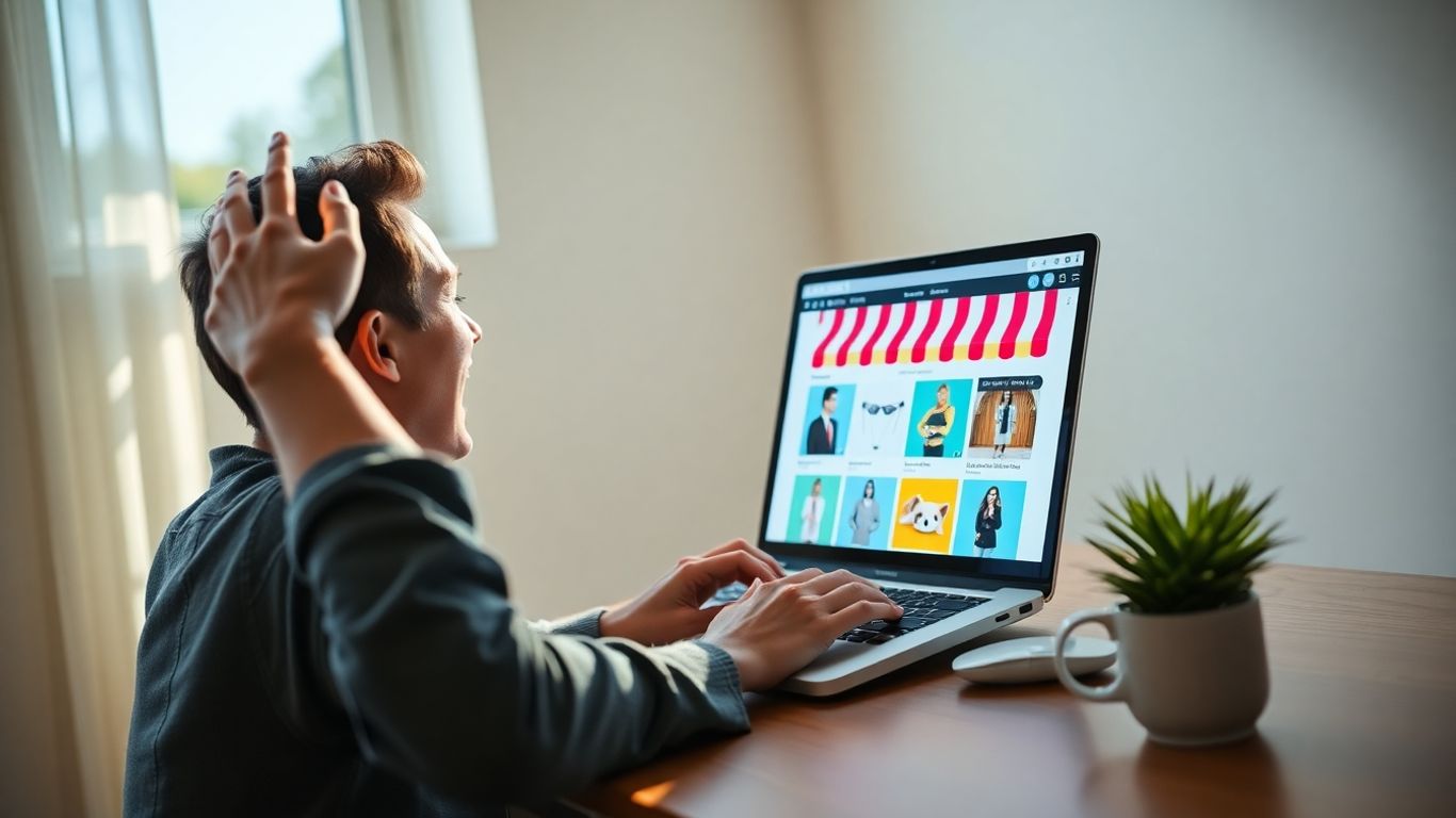 Excited entrepreneur celebrating dropshipping success on laptop.