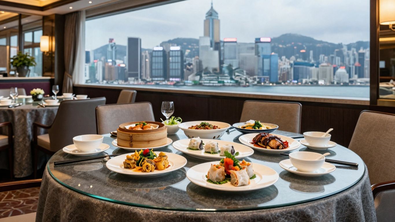 Elegant Chinese restaurant interior with city skyline view and dim sum.