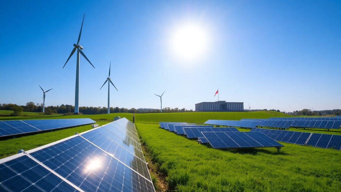 Éoliennes et panneaux solaires dans un paysage ensoleillé.