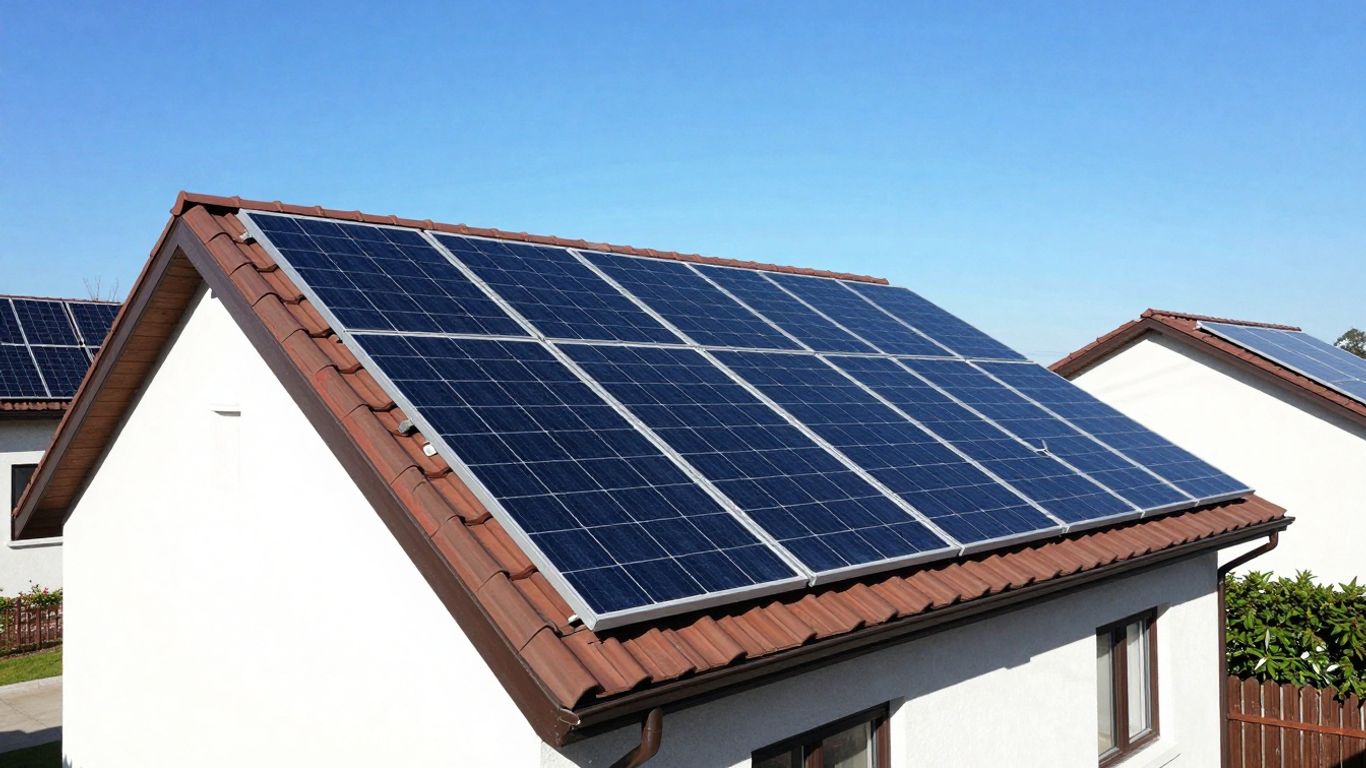 Panouri solare pe acoperișul unei case rezidențiale.