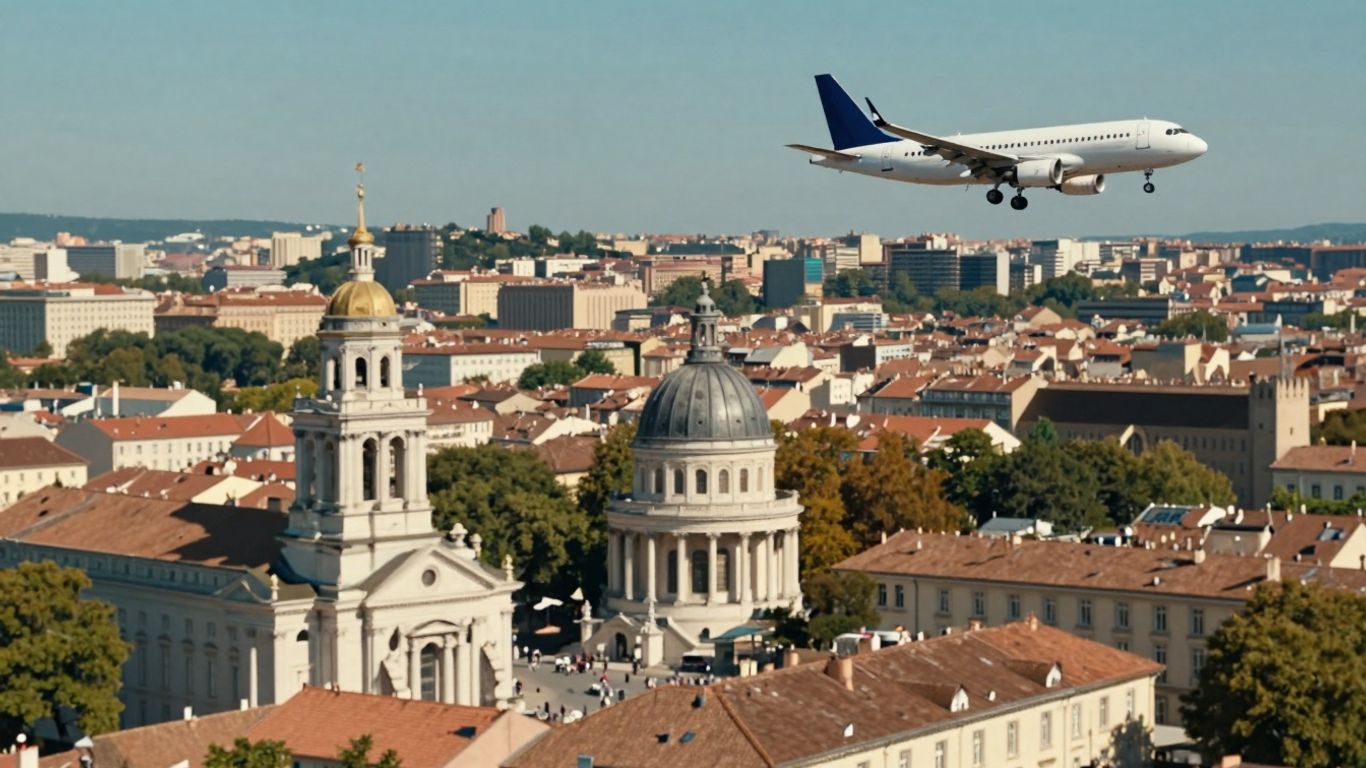 Samolot lecący nad europejskim miastem, widok z góry.