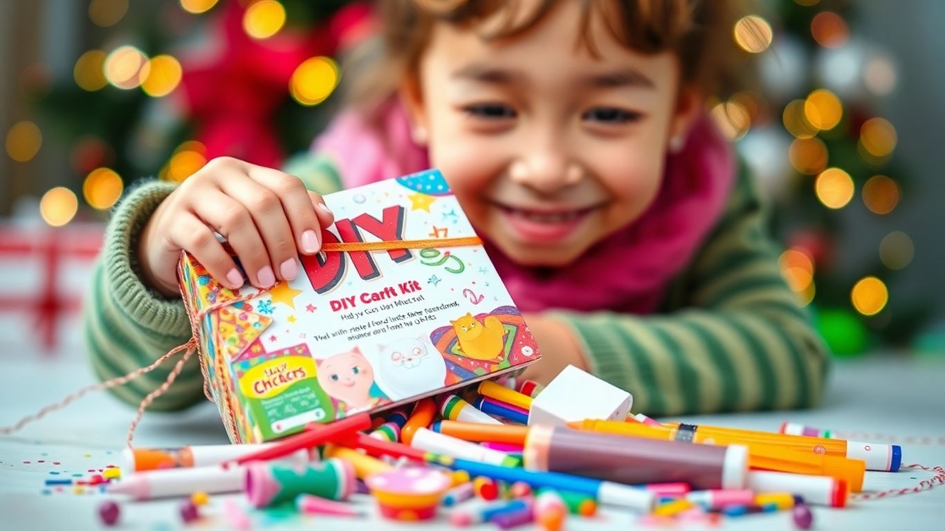 Child happily opening a colorful DIY Christmas craft kit.