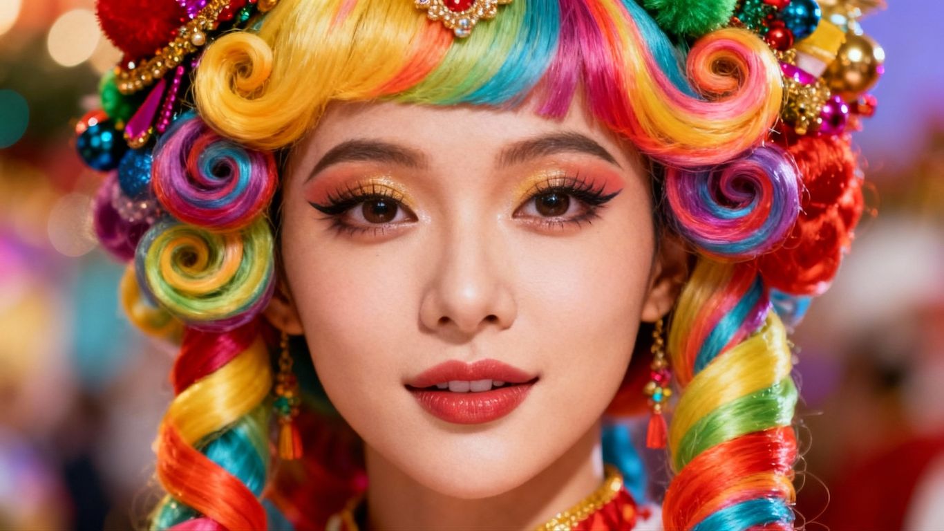 Festive custom wig with colorful accessories for celebrations.