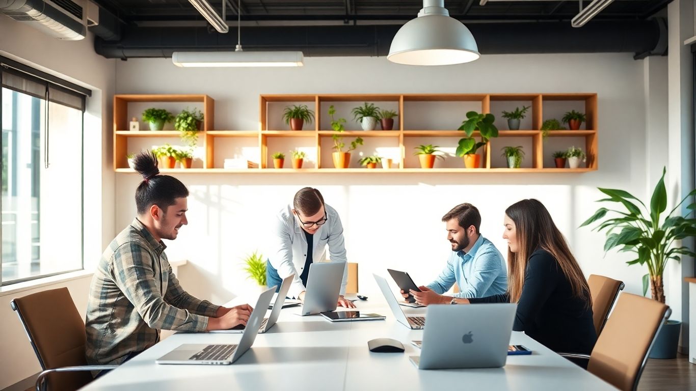 Business team collaborating in modern office workspace