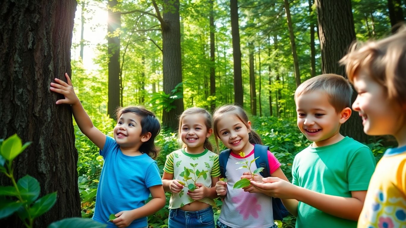 Copii explorează o pădure verde, ating copacii și frunzele.
