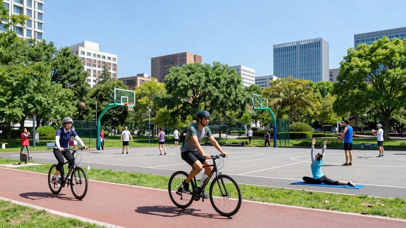 Oameni practicând diverse sporturi în parcul urban însorit.