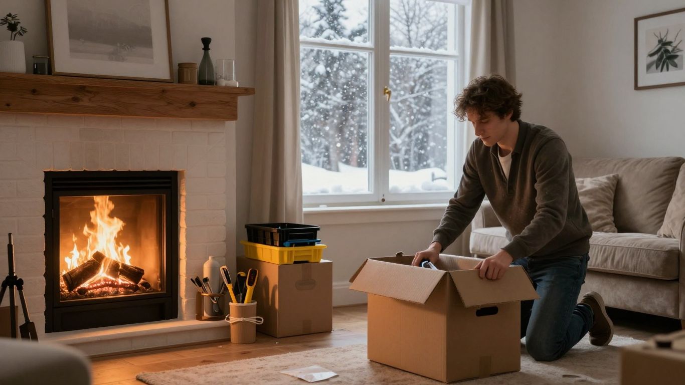 Cozy living room with snow outside, person organizing for renovations.
