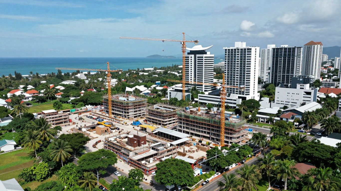 Phuket construction site with cranes and tropical scenery.