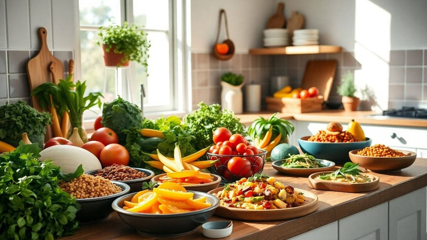 Cuisine accueillante avec légumes frais et plats végétaliens variés.