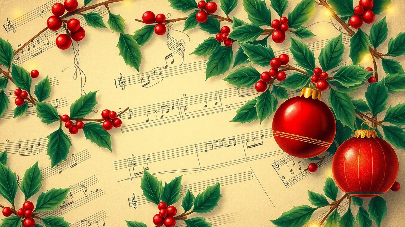 Vintage Christmas music notes with holly and ornaments.