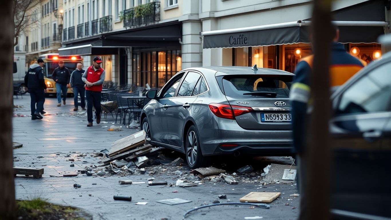 Voiture près d'une terrasse détruite, secours sur place.