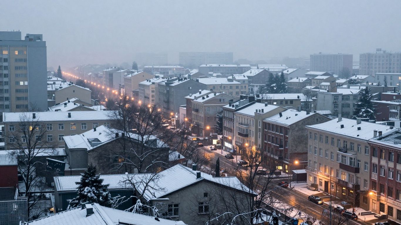 Stadtlandschaft im milden Winter mit Nebel und Lichtern.