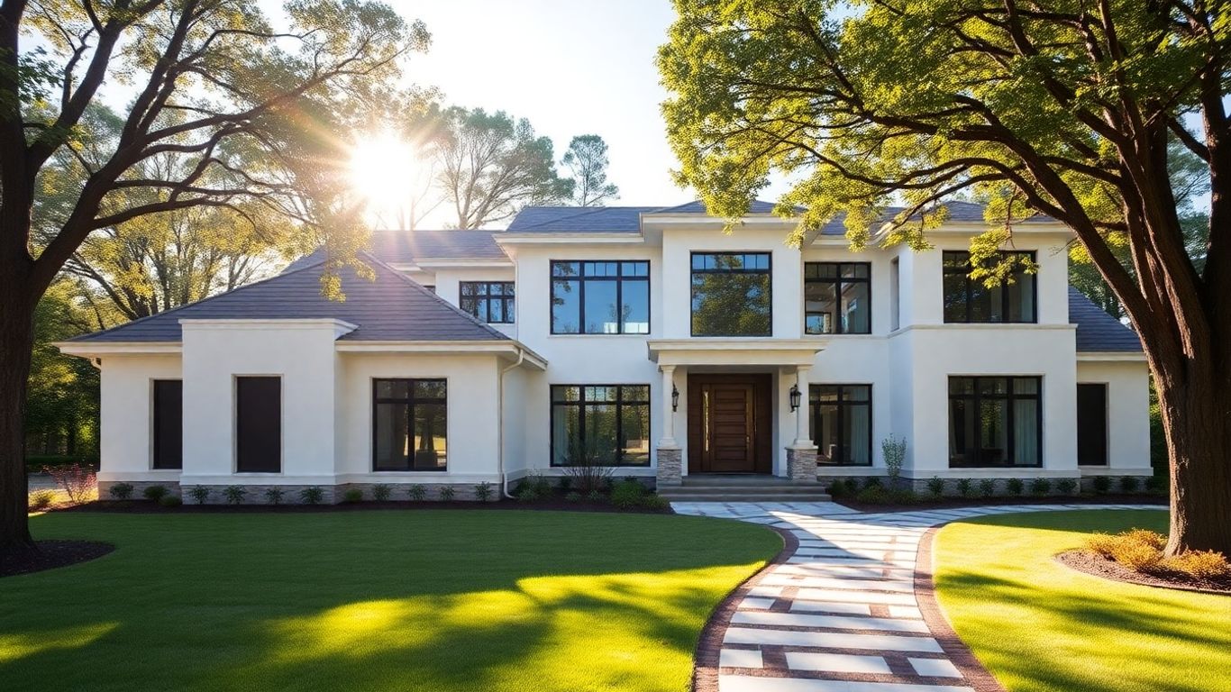 Modern custom home exterior with clean lines and landscaping.