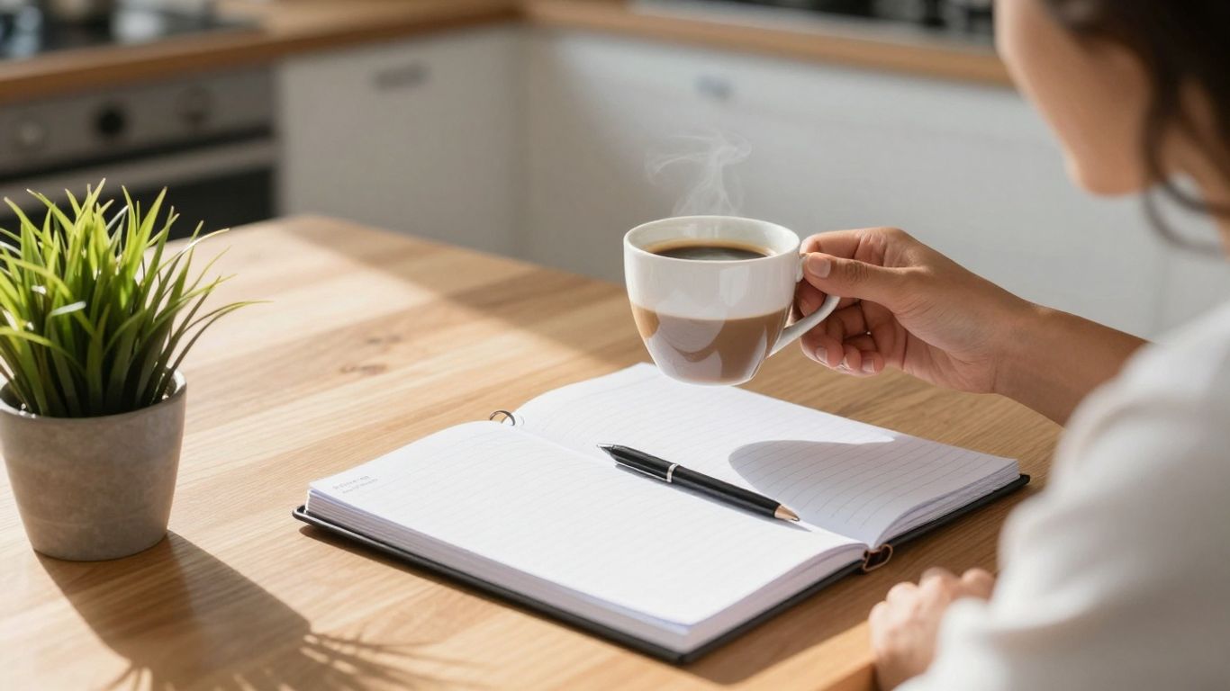 Femeie savurând cafea dimineața, planificând ziua.