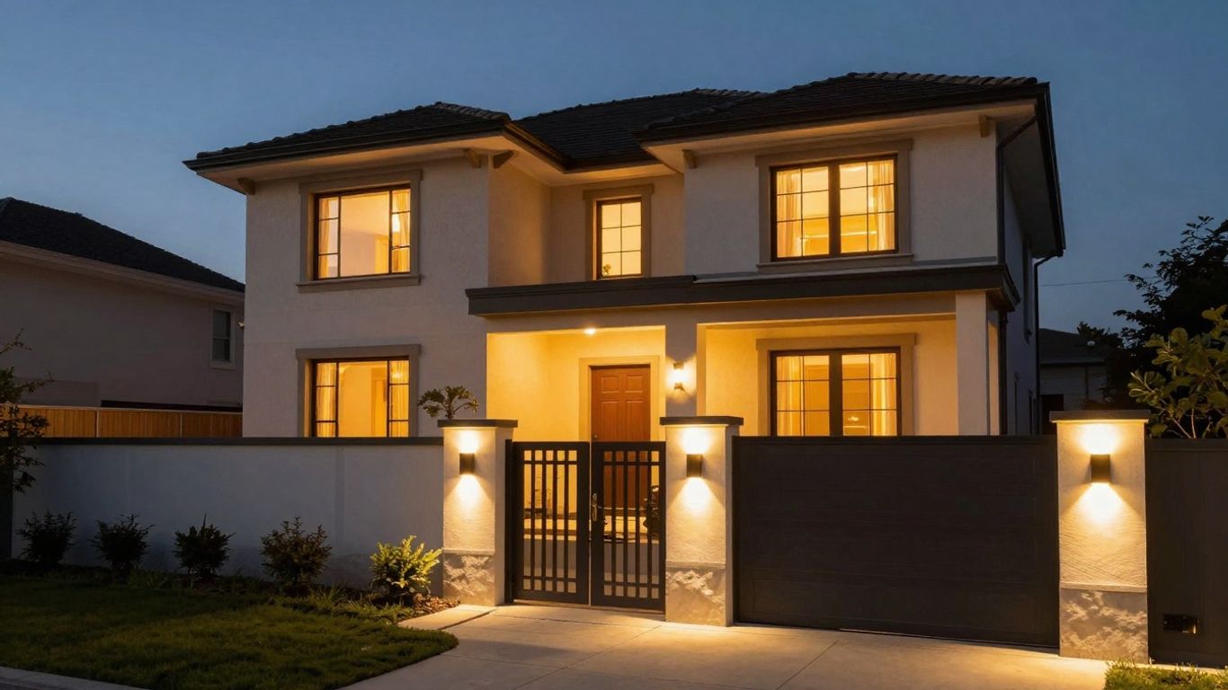 Stylish exterior lights illuminating a modern house at dusk.