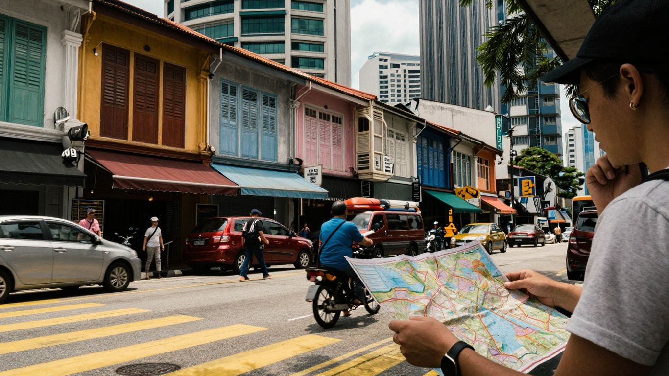 Kuala Lumpur street with person looking at map.
