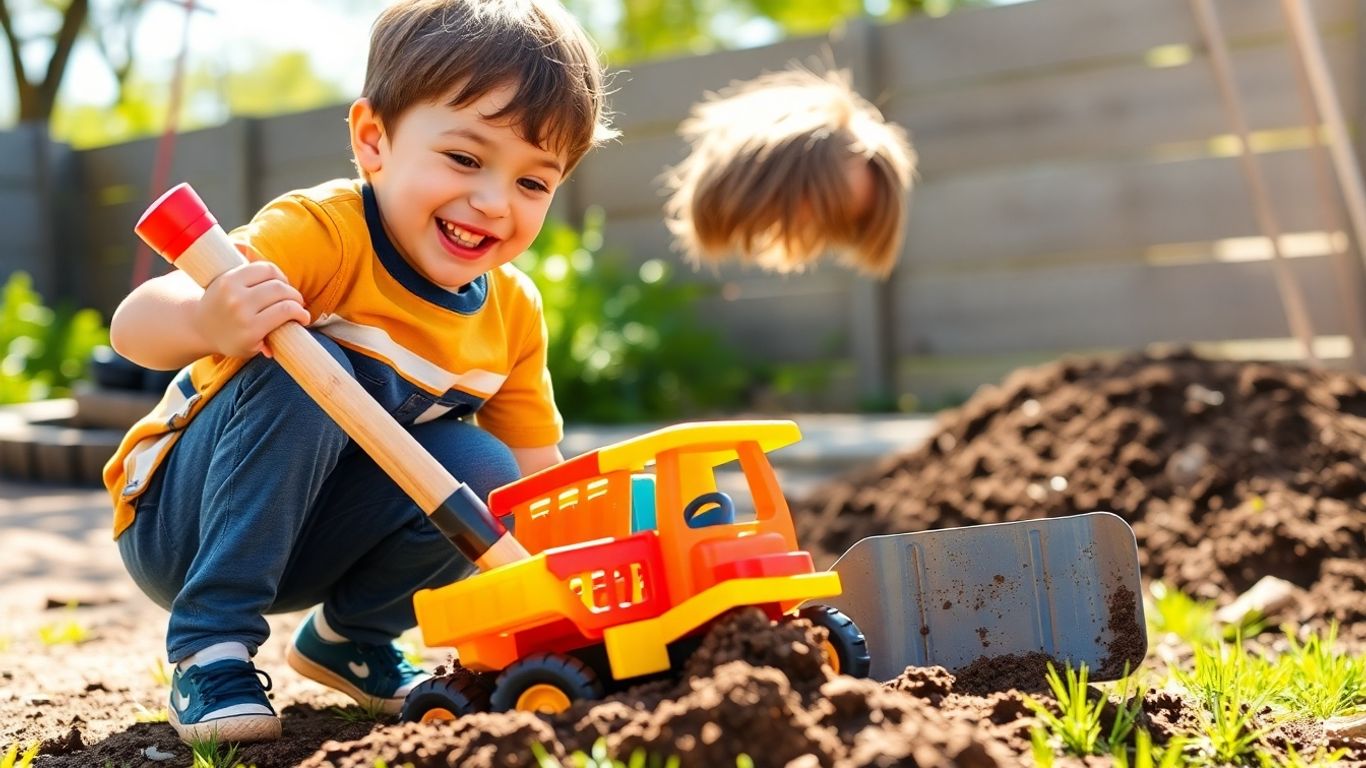 Boy playing with toy truck and shovel outdoors
