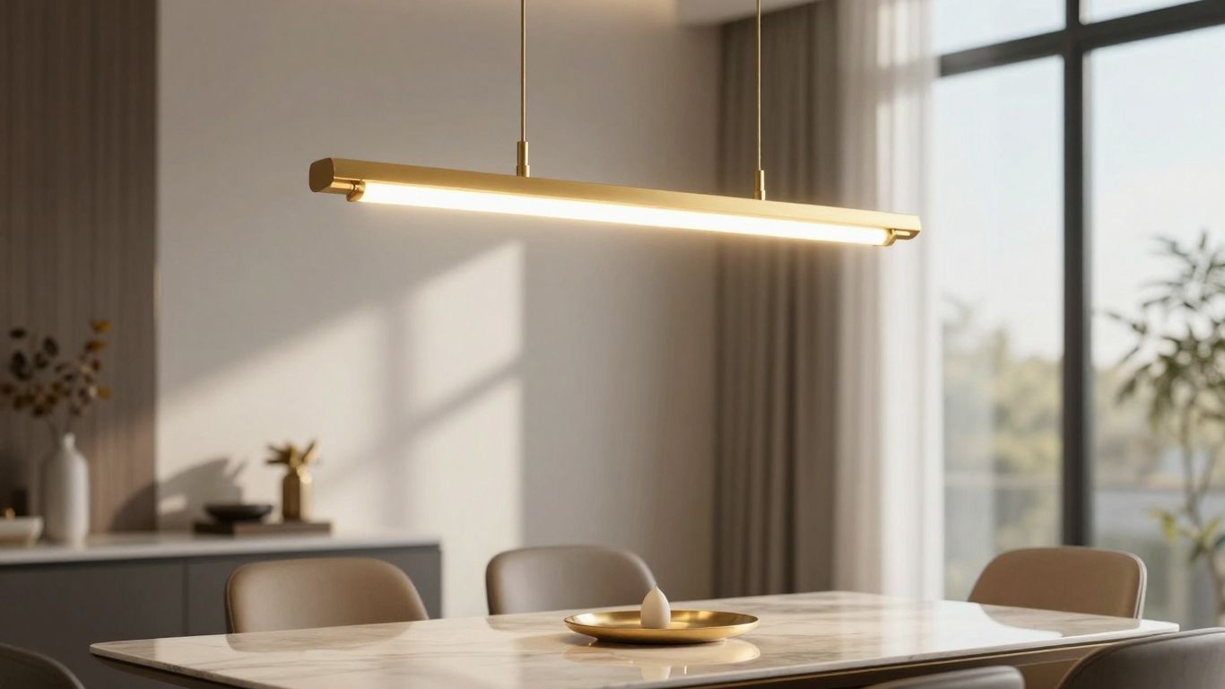 Elegant gold pendant light fixture over a dining table.