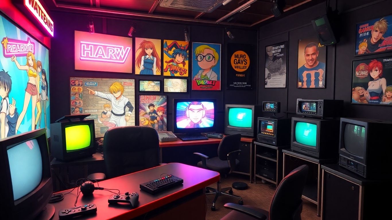 Studio rétro avec consoles, lumières néon et affiches geek