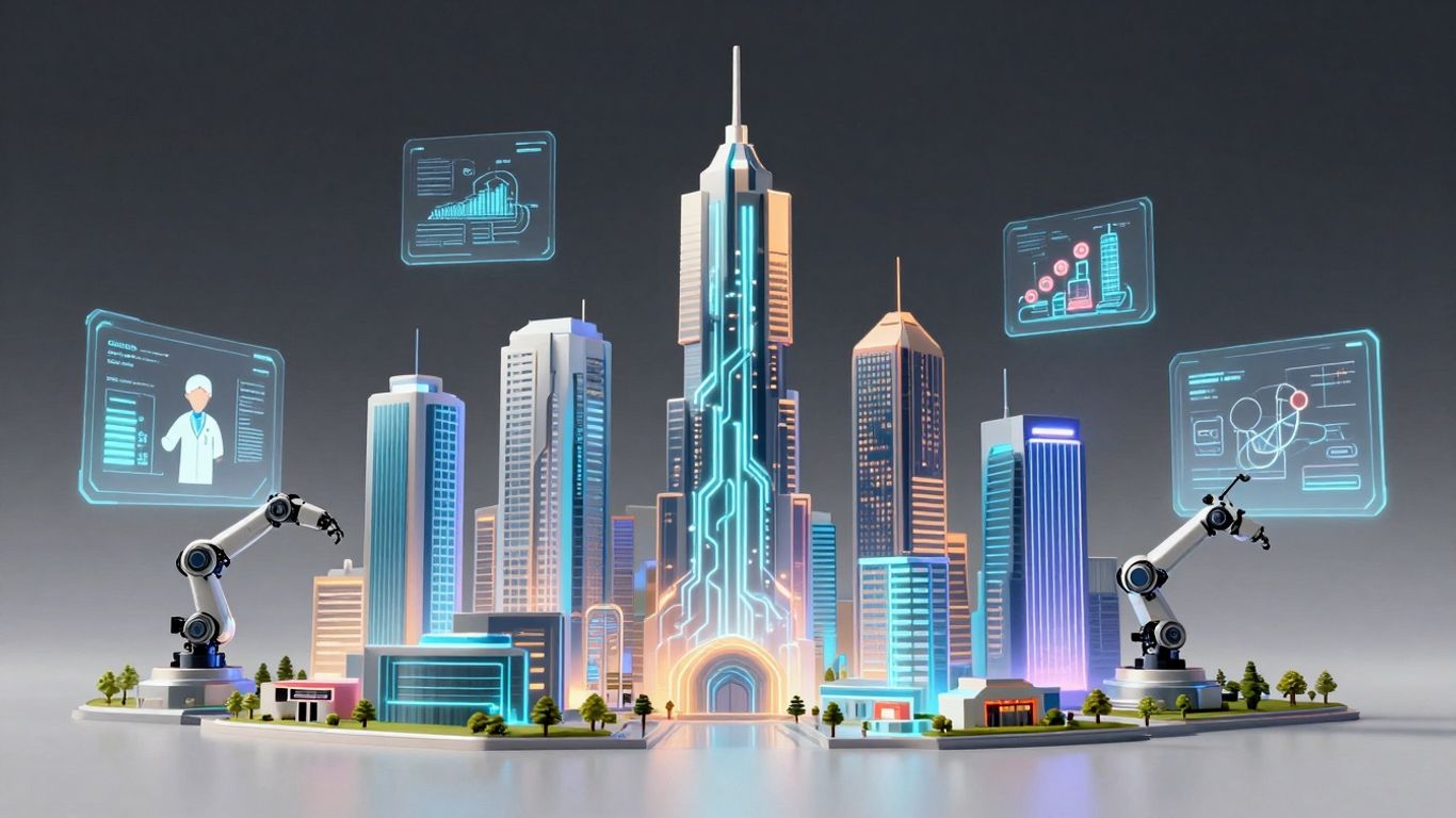 Oraș futurist cu circuite digitale și roboți.