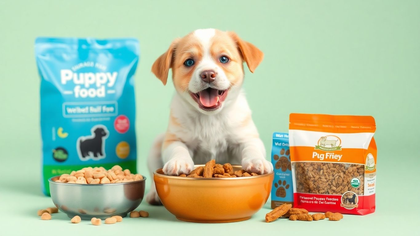 Puppy with different types of dog food bowls.