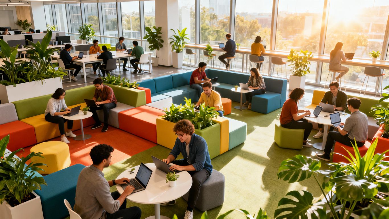 Creative co-working space with flexible furniture and natural light.