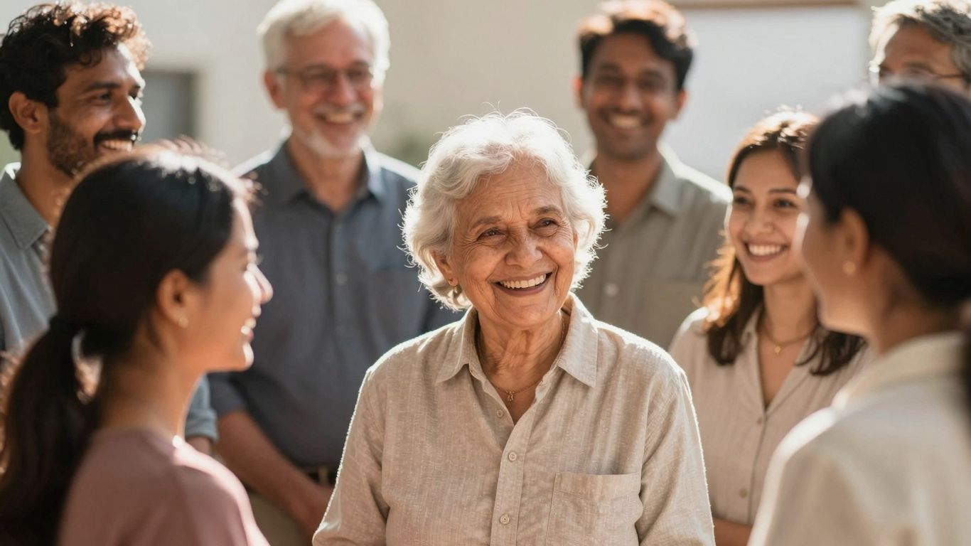 People of different ages smiling together in warm sunlight.