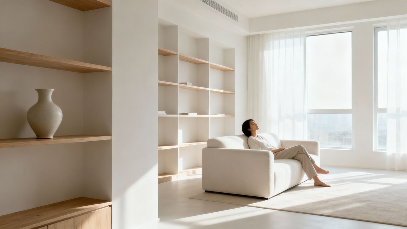 Minimalist living room with organized shelves and open space.