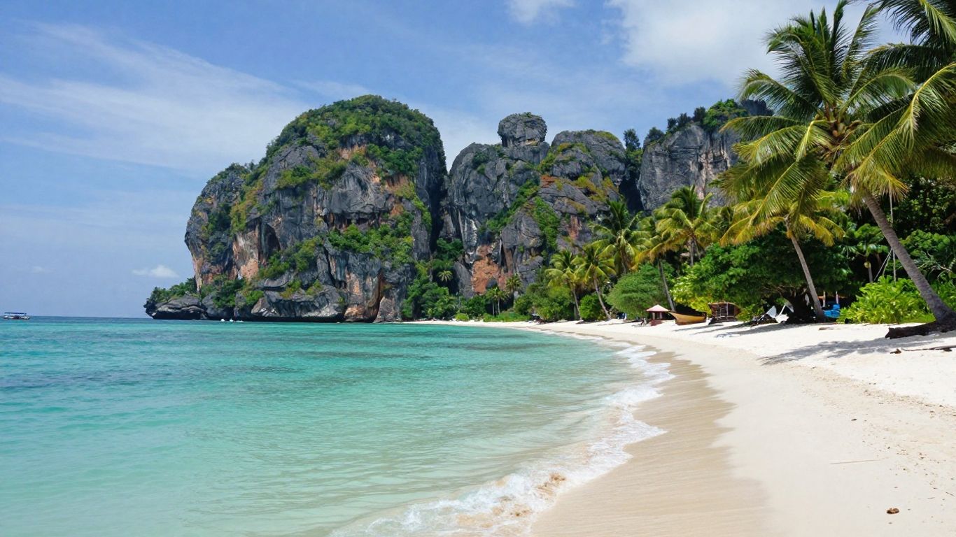 Krabi, Thailand beach with limestone cliffs and clear water.