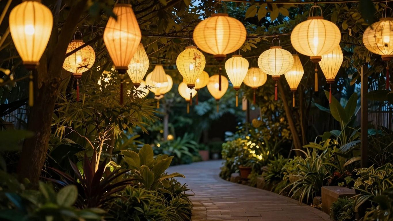 Verlichte lampionnen in een sprookjesachtige tuin bij schemering.