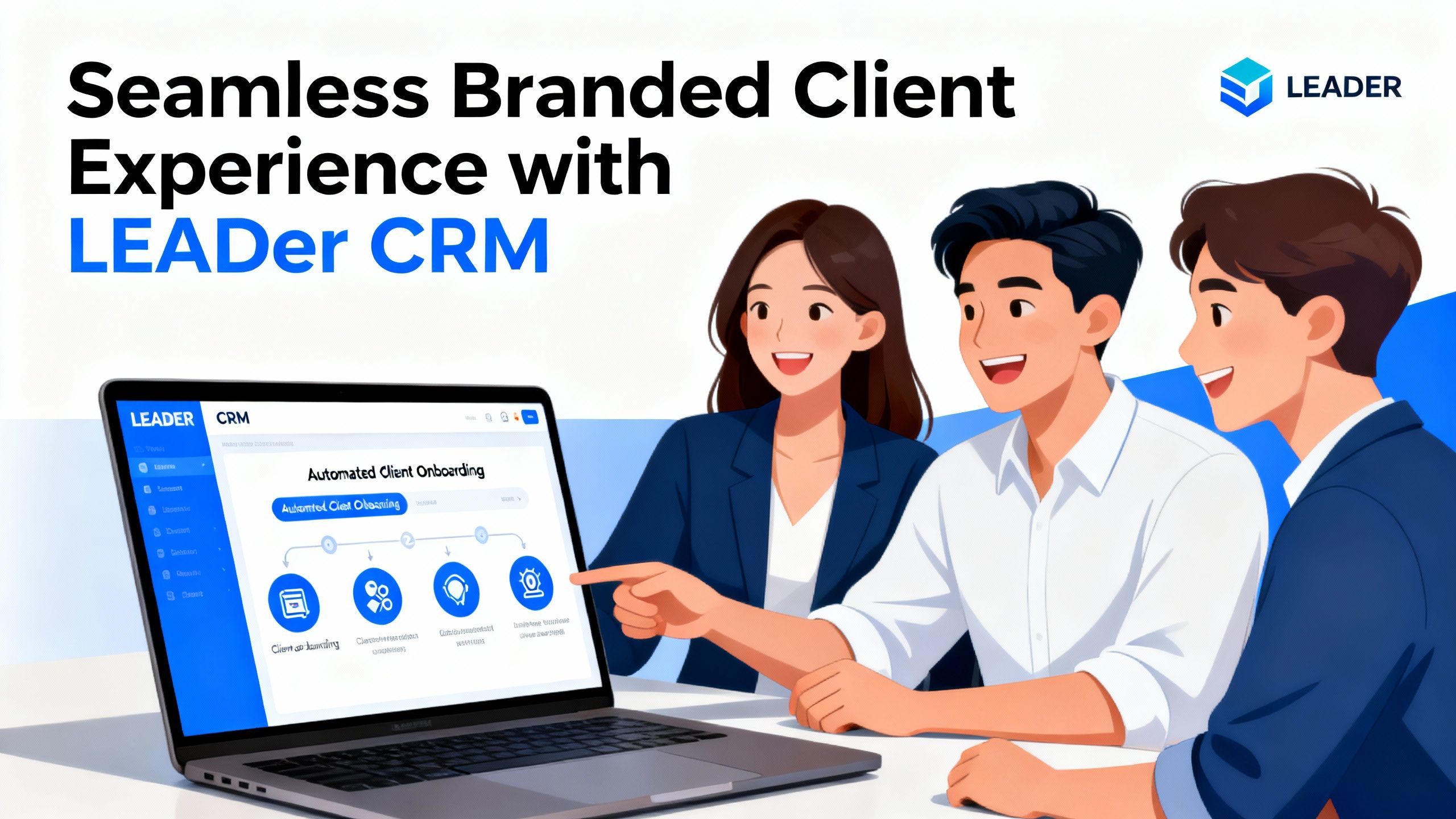 Uma equipe de pequena empresa usando automações do LEADer CRM para oferecer uma experiência de cliente perfeita e com a marca