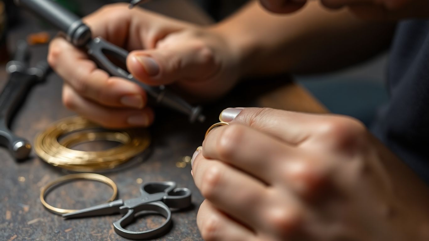 Mains d'un bijoutier travaillant sur une bague en or.
