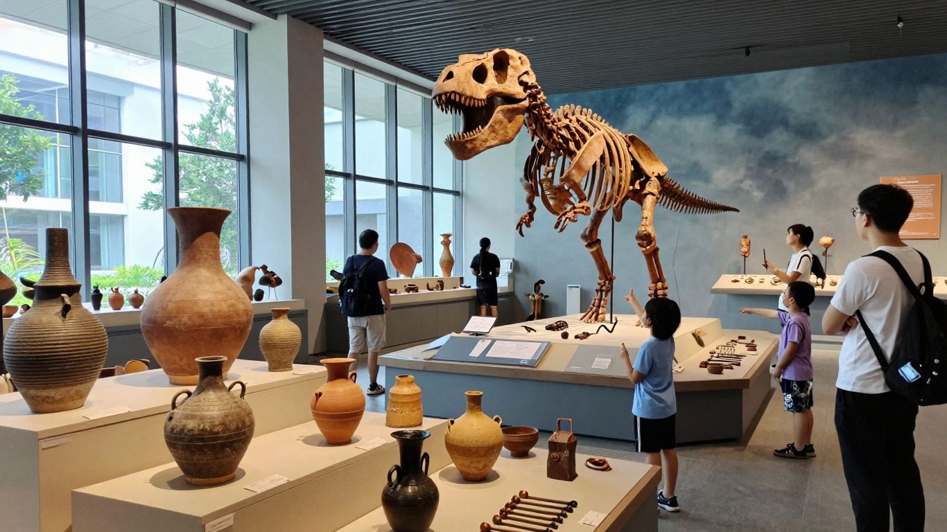 Muzeu cu artefacte, vizitatori și exponate interactive.