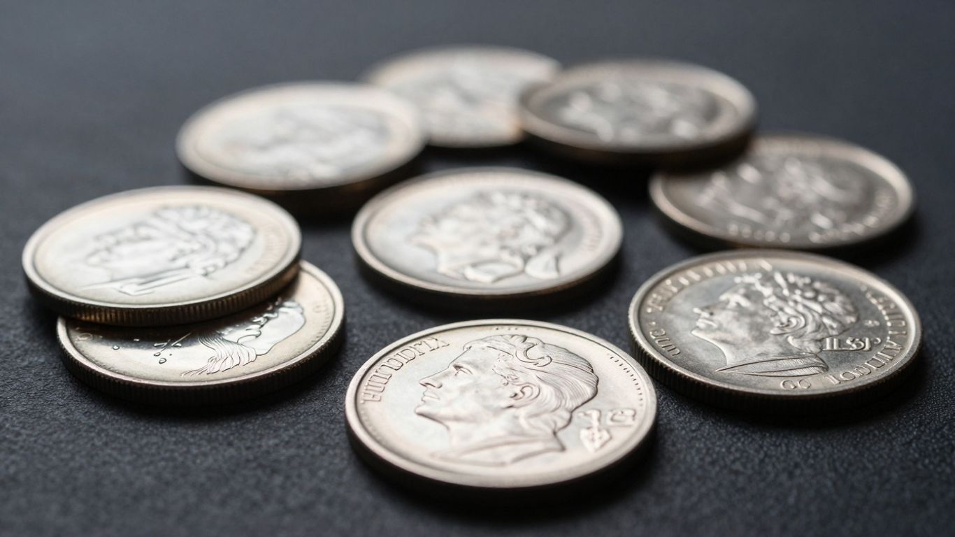 Platinum coins with intricate designs on a dark surface.