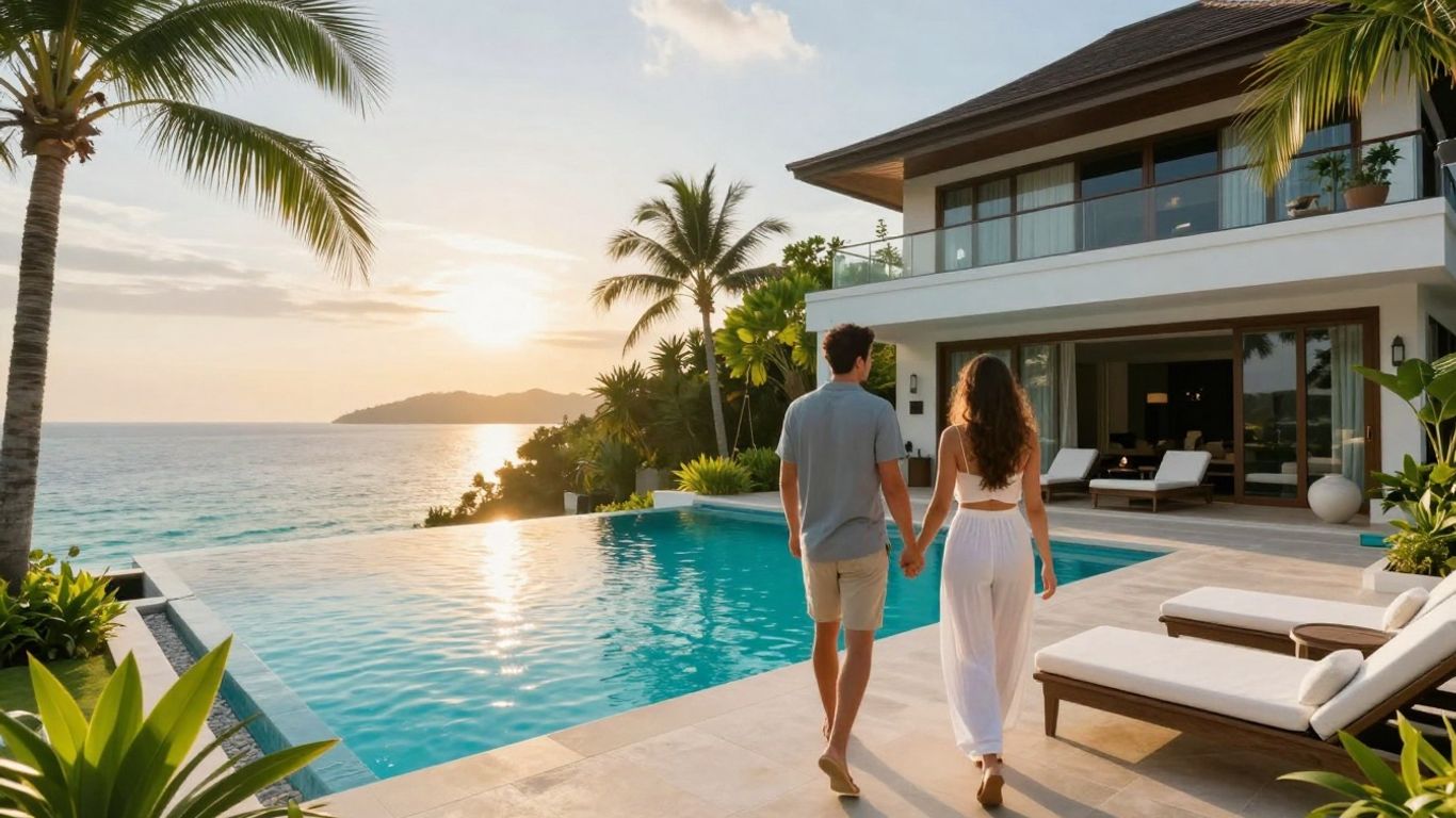 Couple walking away from a luxury Phuket villa at sunset.