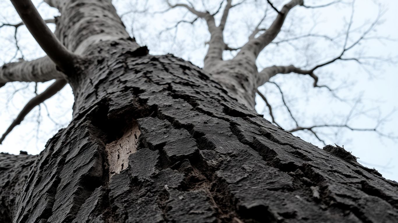 Cracked tree trunk with decaying bark and broken branches.