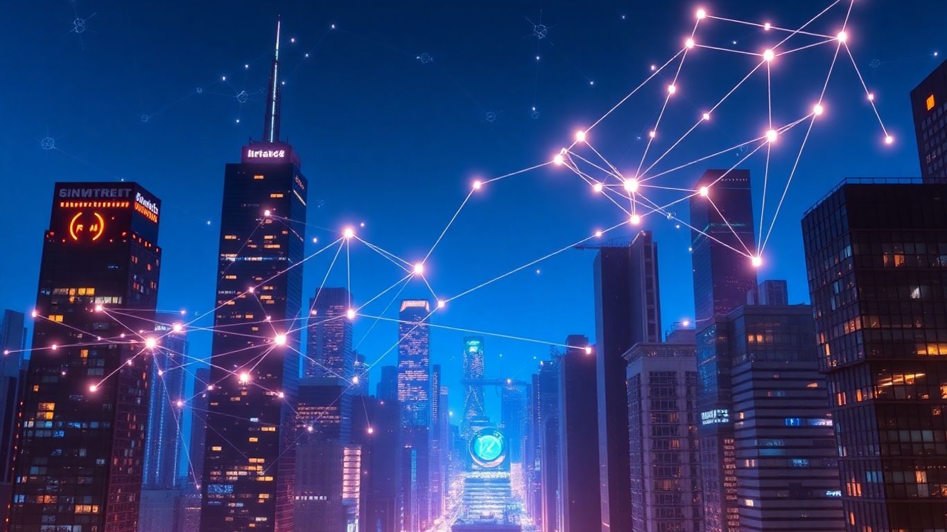 Futuristic cityscape with glowing blockchain connections.