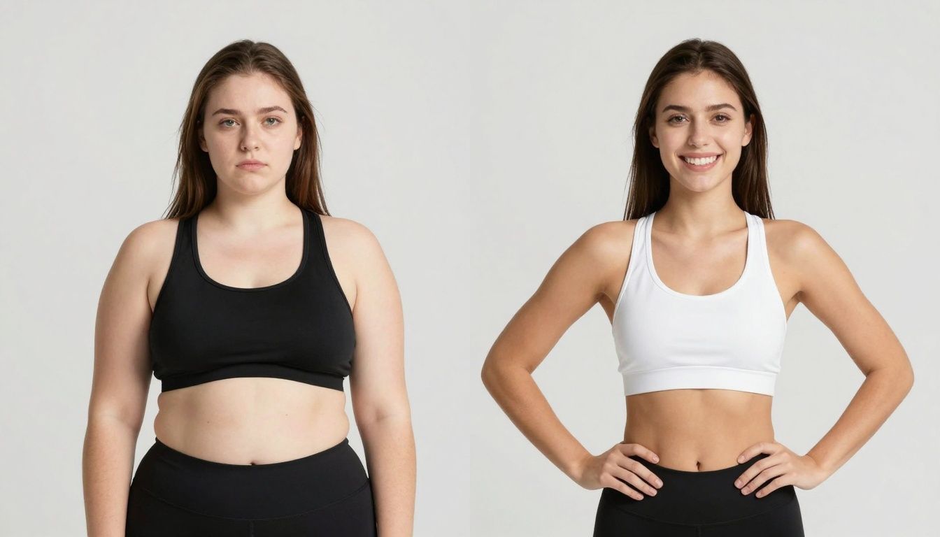 Weight loss before and after transformation of a white female.