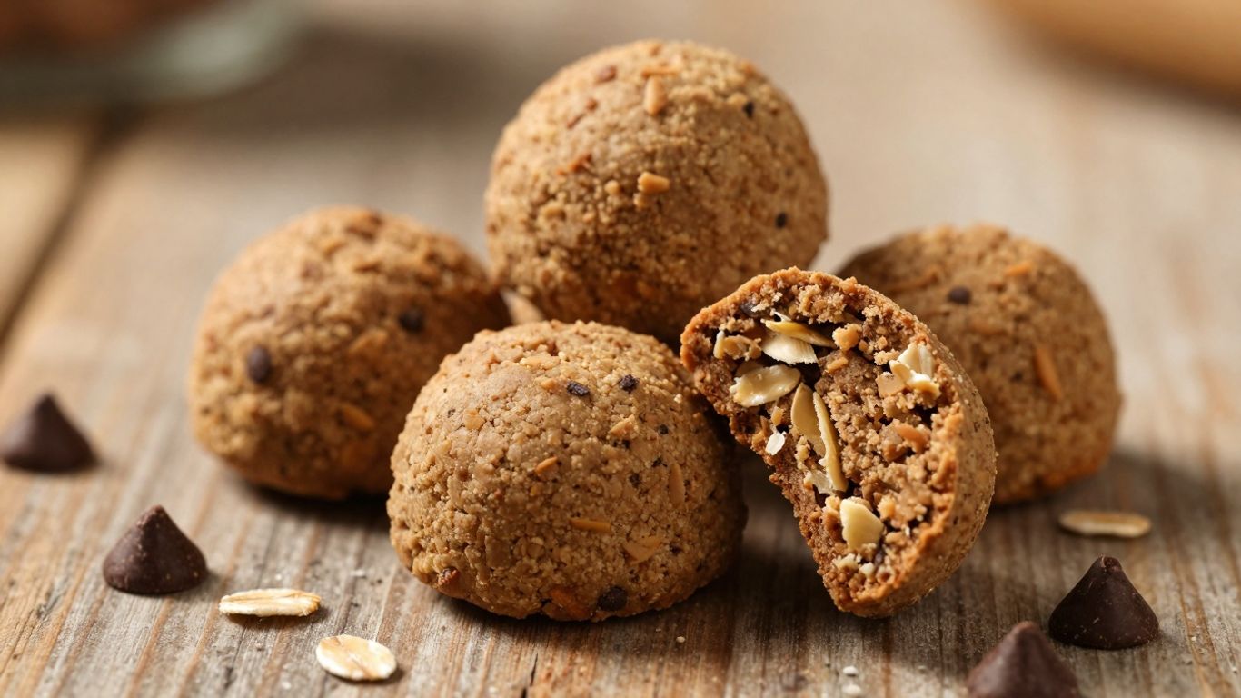 No-bake protein bites on a wooden surface.