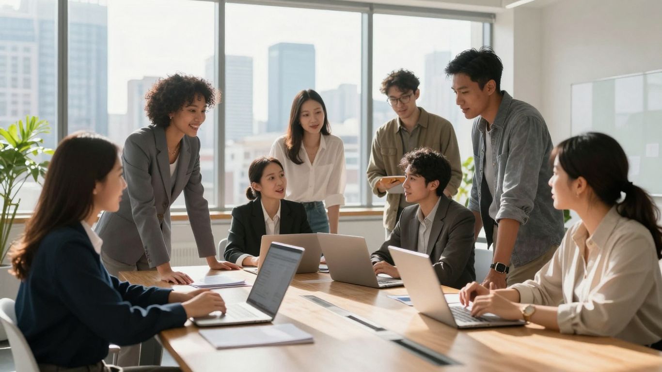 Marketing agency professionals collaborating in a bright, modern office.