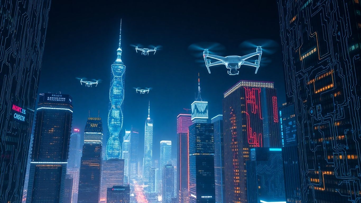 ภาพเมืองแห่งอนาคตที่สว่างไสวด้วยแสงดิจิทัล