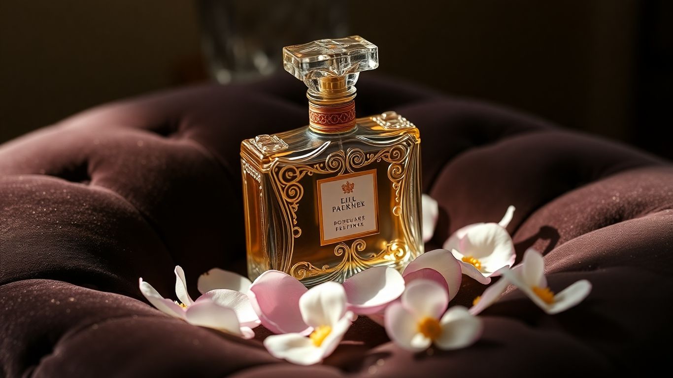 Ornate perfume bottle with floral petals and gold dust.